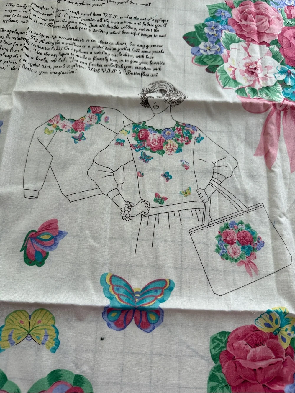 Vintage V.I.P. Cranston Butterflies ’n Blooms Appliqués Fabric Panel Floral